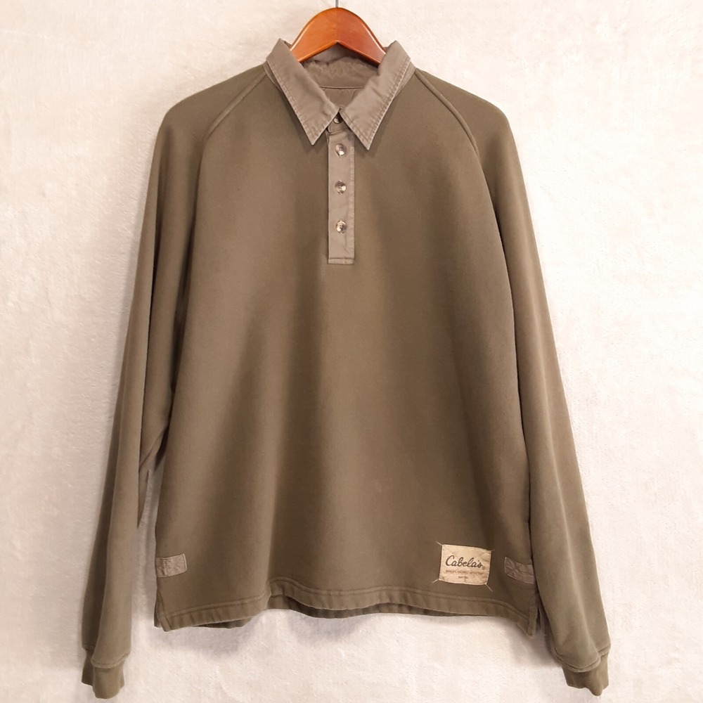 Cabelas Mens 4-Button Pullover LS Collar Sweater Large Olive Green Cotton Blend